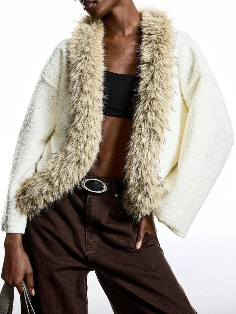 Beige Casual Women's Polka Dot Elegant Fur-Collar Long Sleeve Cardigan